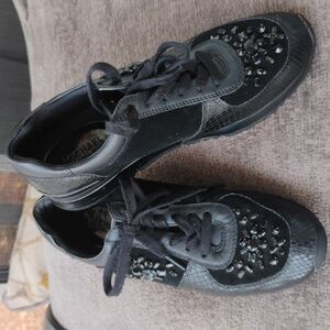 Micheal Kors Allie Black Leather & Suede Studded Mixed Media Trainer Sneakers